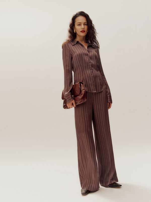 Norah Wide Leg Satin Pant - Mahogany Stripe